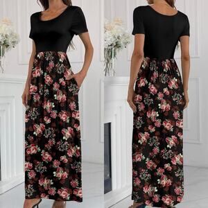 Haomeili Maxi Dress Short Sleeve Pockets Black Rose XXL Stretch New